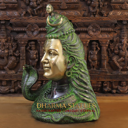 Brass Shiva Head, Green Patina & Golden Finish, 27"