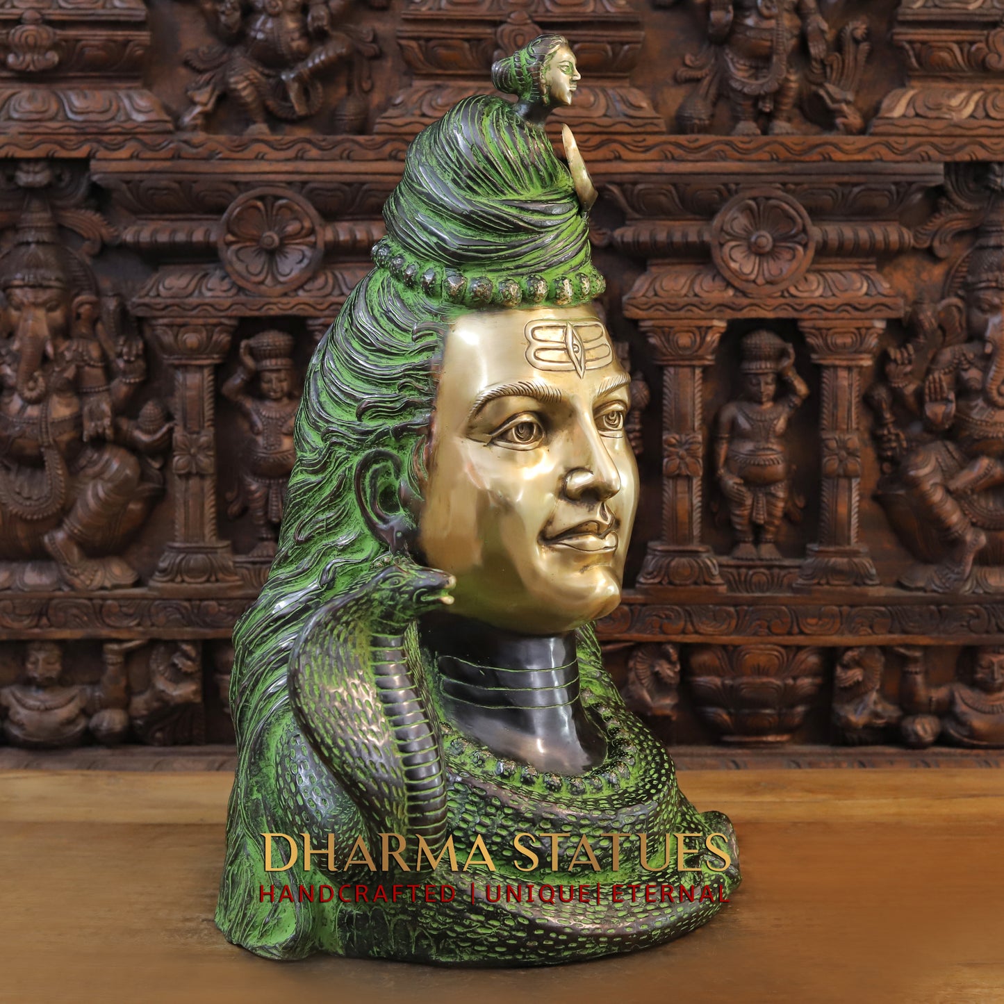 Brass Shiva Head, Green Patina & Golden Finish, 27"