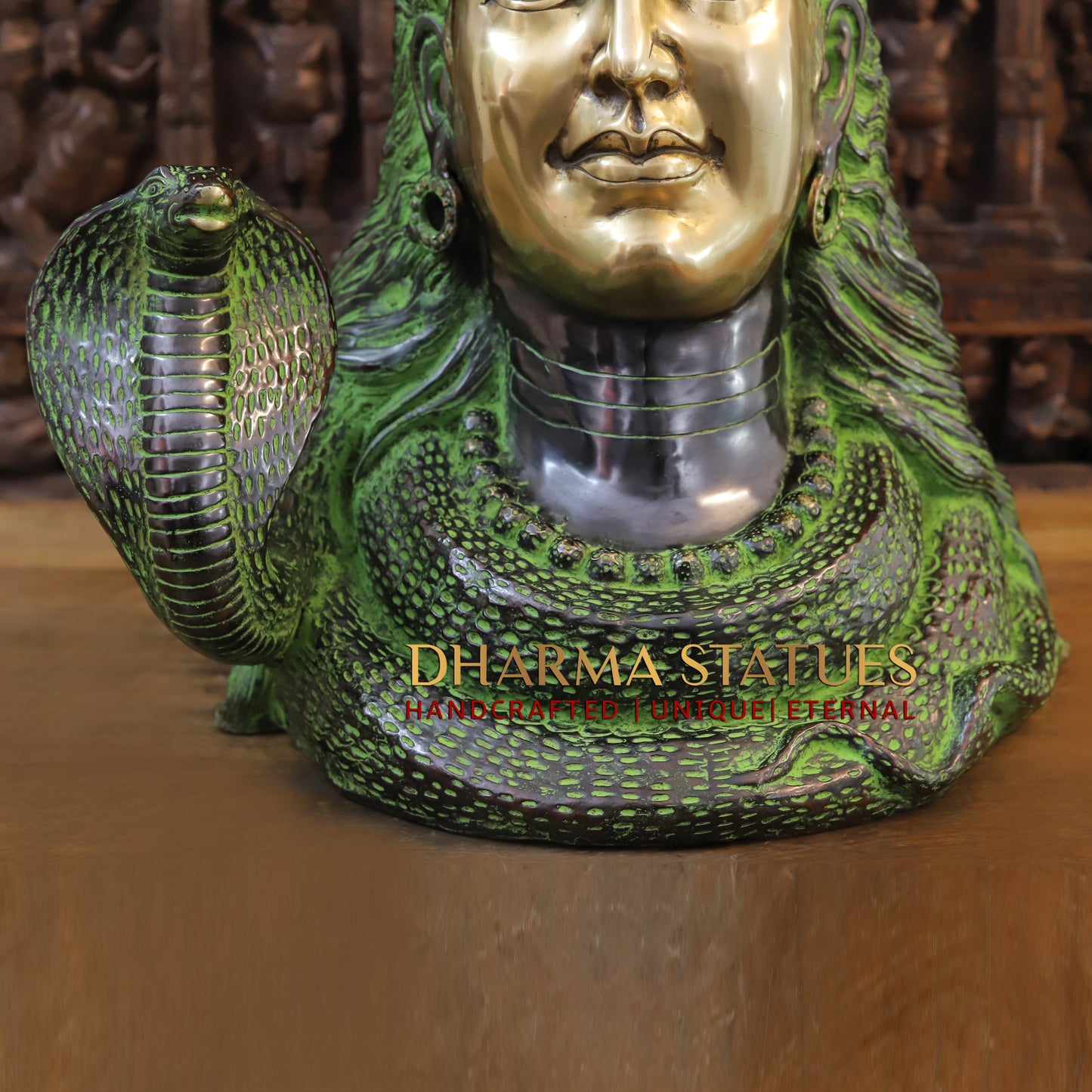 Brass Shiva Head, Green Patina & Golden Finish, 27"