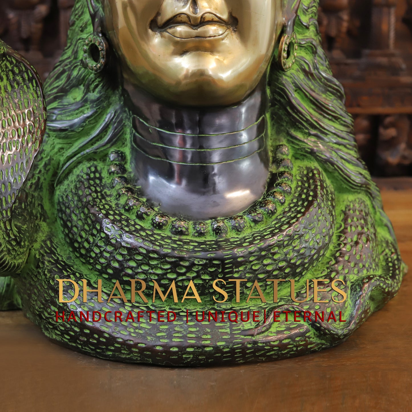 Brass Shiva Head, Green Patina & Golden Finish, 27"