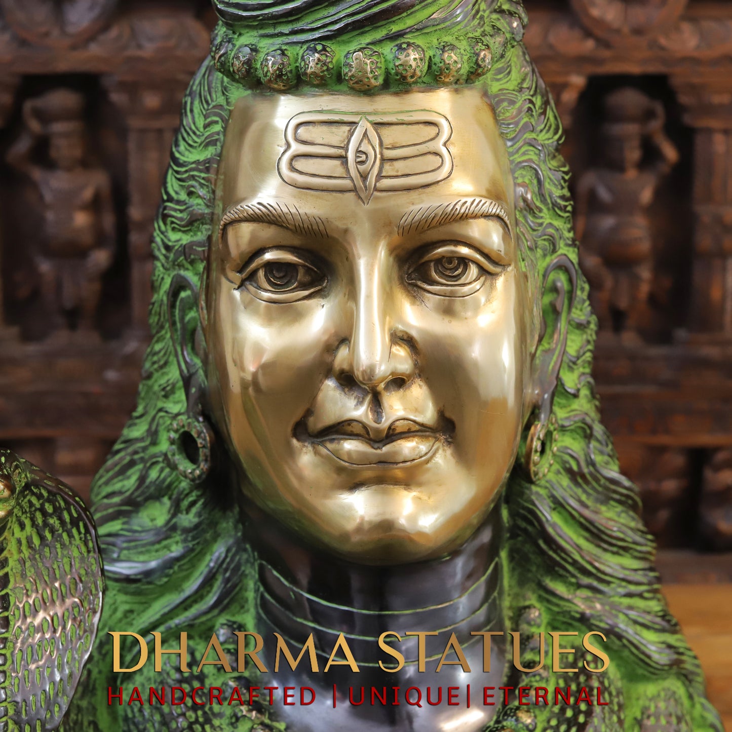 Brass Shiva Head, Green Patina & Golden Finish, 27"