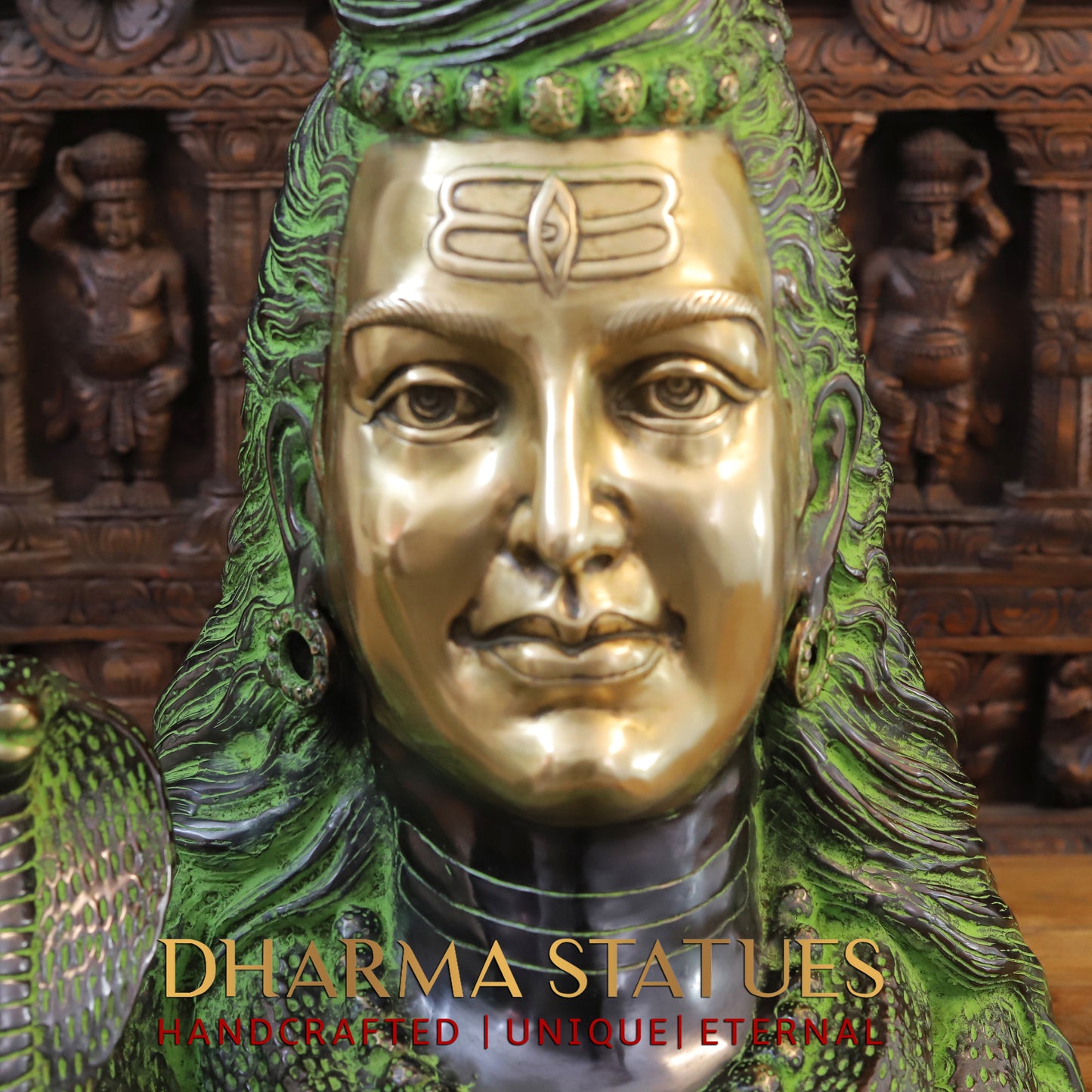 Brass Shiva Head, Green Patina & Golden Finish, 27"