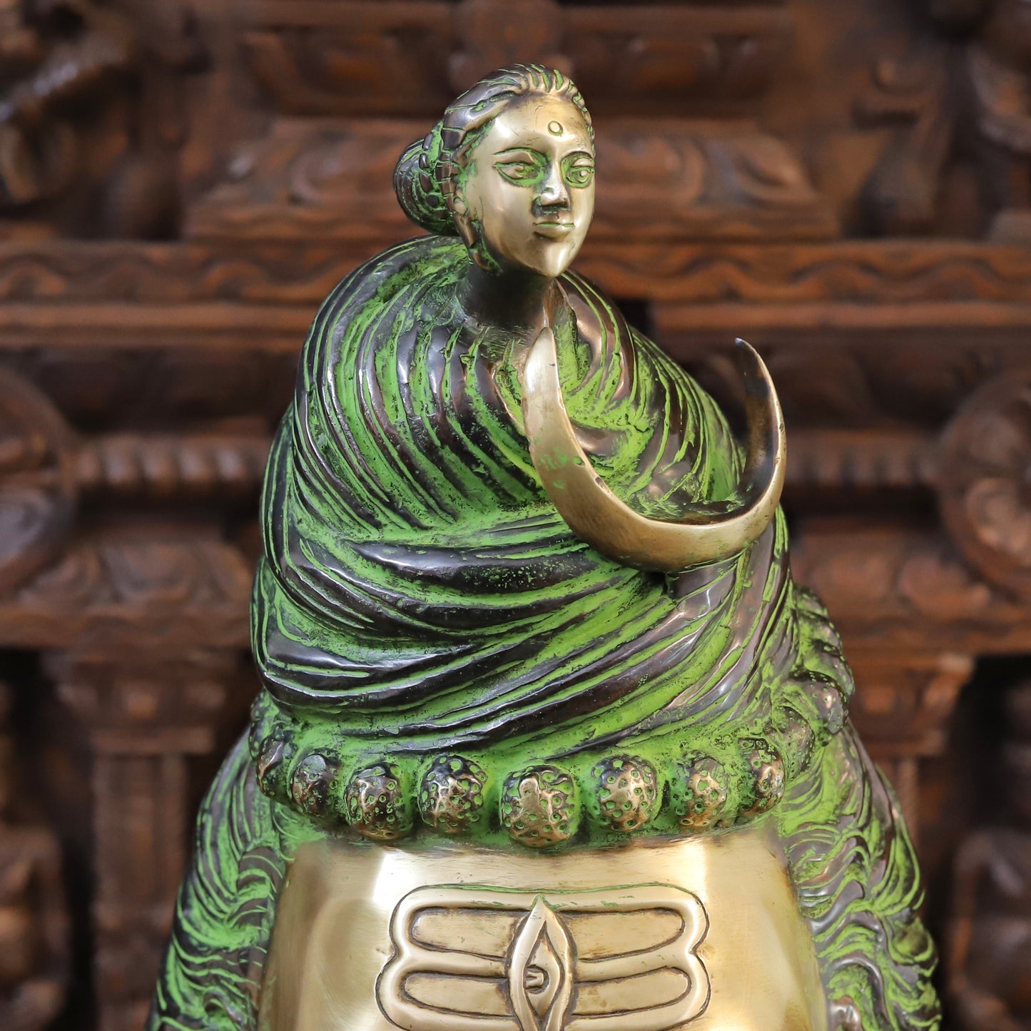 Brass Shiva Head, Green Patina & Golden Finish, 27"