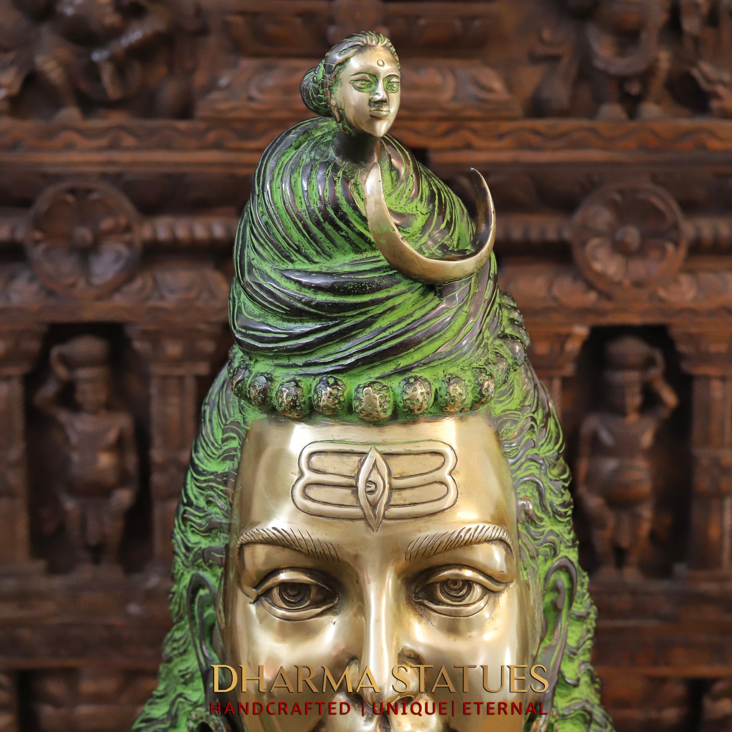 Brass Shiva Head, Green Patina & Golden Finish, 27"