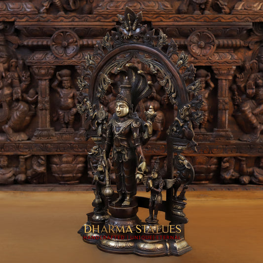Brass Vishnu in Frame with Garuda and hanuman, Copper & Golden Finish, 24"