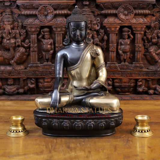 Brass Buddha Idol, Seated on Lotus, Black Patina Finish 22"