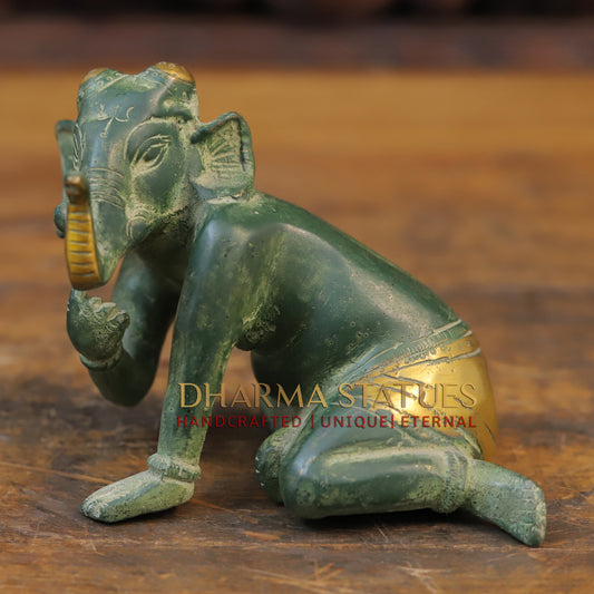 Brass Baby Ganesha Idol, Green Patina Finish 4.5"