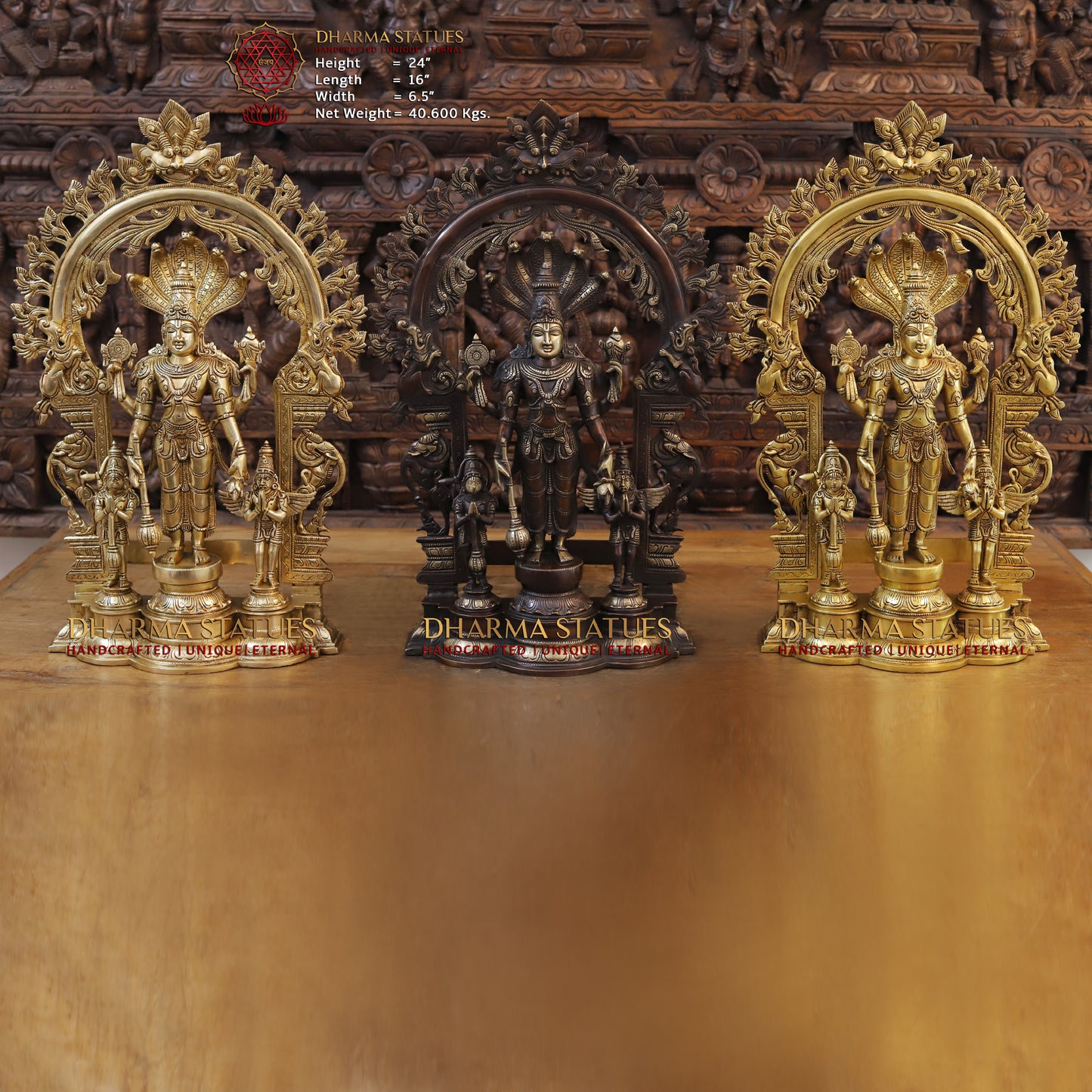 Brass Vishnu in Frame with Garuda and hanuman, Copper & Golden Finish, 24"