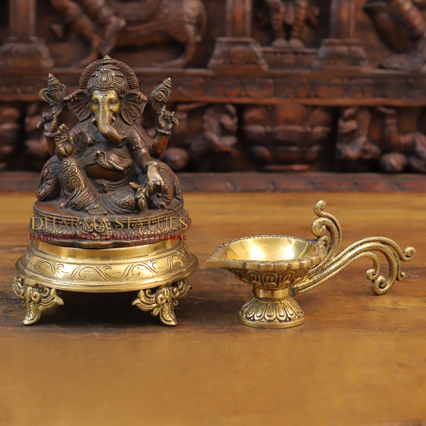 Brass Ganesh Idol, Golden and Copper Finish 6.5"