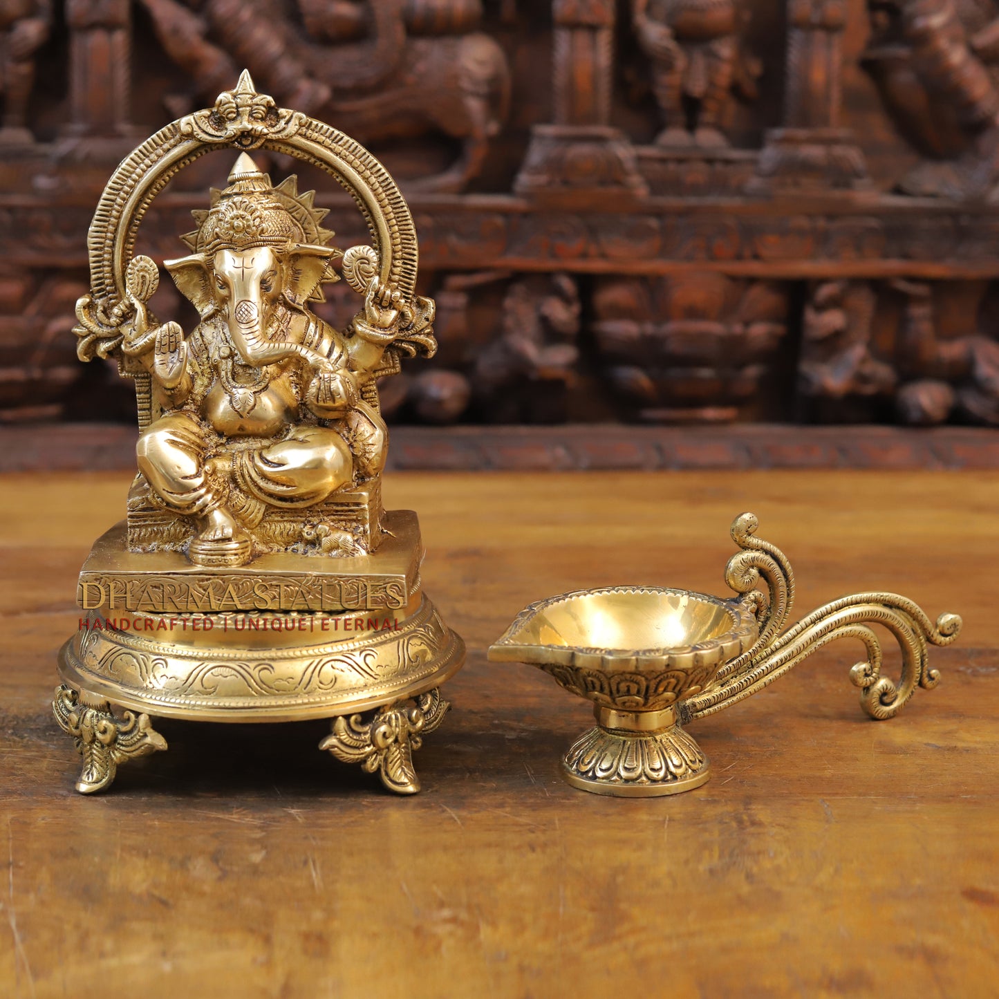 Brass Ganesh Statue, Seated, Fine Golden Finish 8.5"