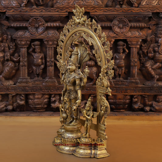 Brass Vishnu in Frame with Garuda and hanuman, Fine Golden Finish, 24"