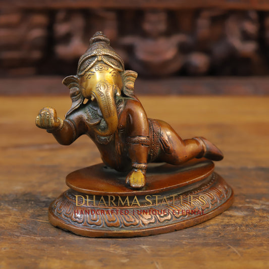 Brass Baby Ganesha Idol, Fine Bronze Finish 6"