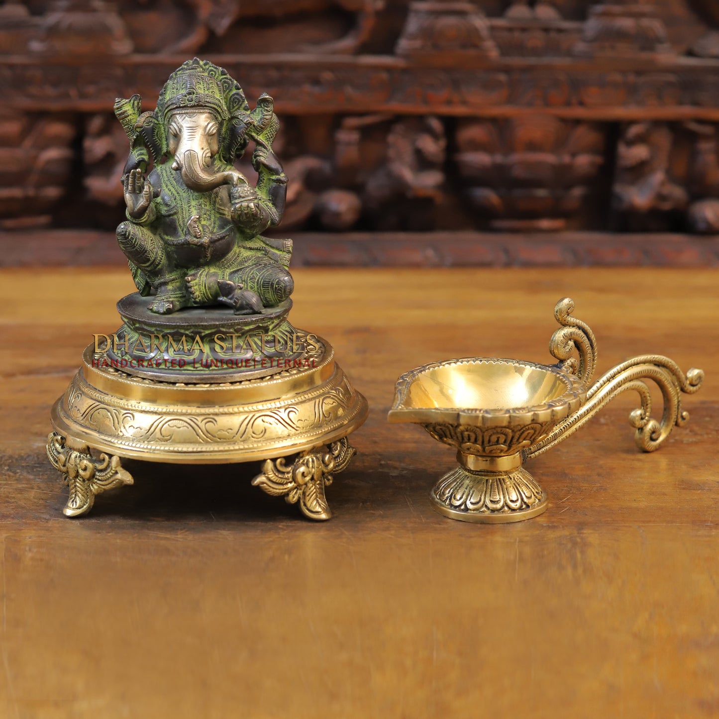 Brass Ganesh Statue, Seated on a Lotus, Green patina Finish 6.5"