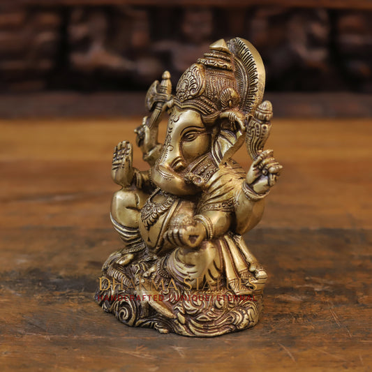 Brass Ganesh Statue, Seated, Fine Golden Finish 6.5"
