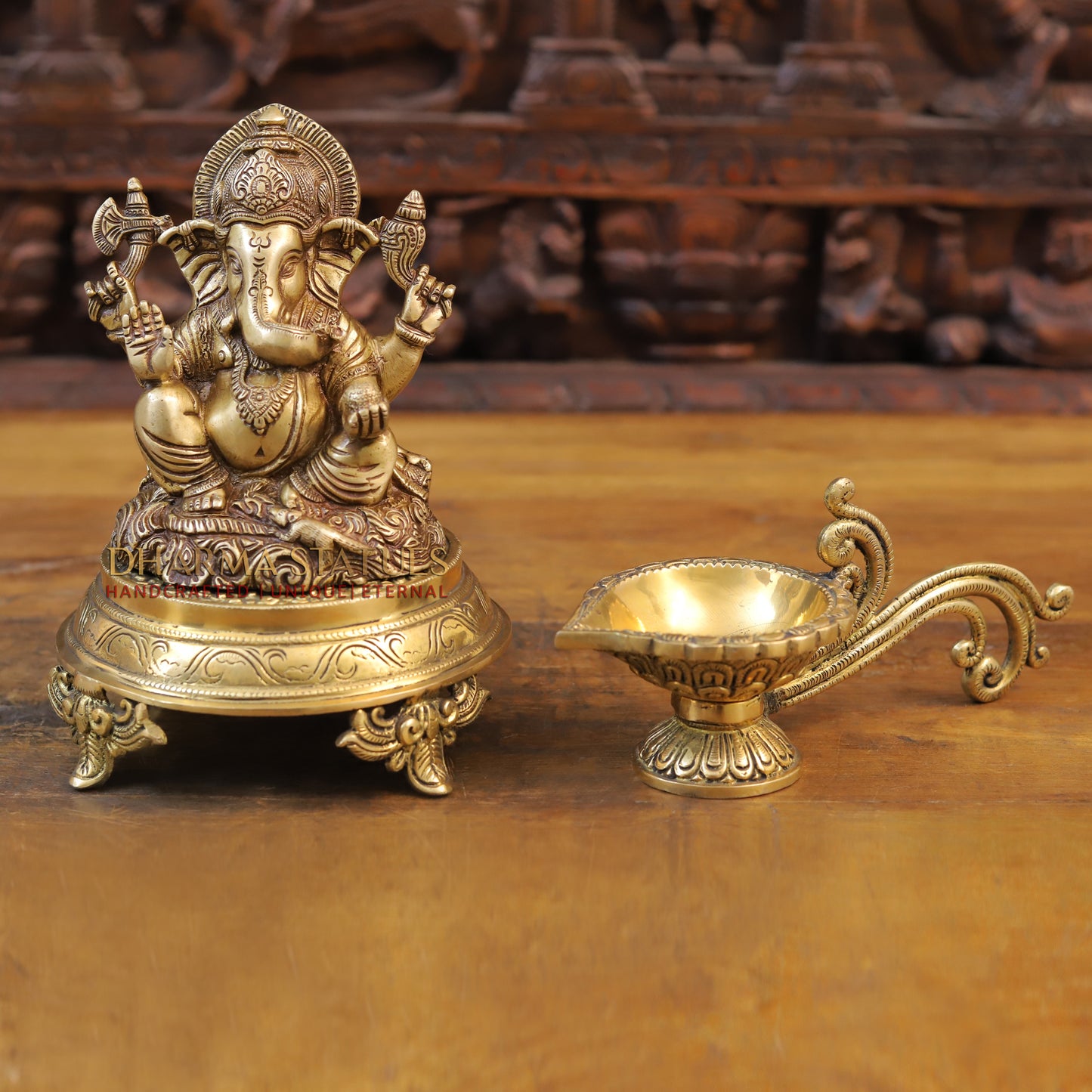 Brass Ganesh Statue, Seated, Fine Golden Finish 6.5"