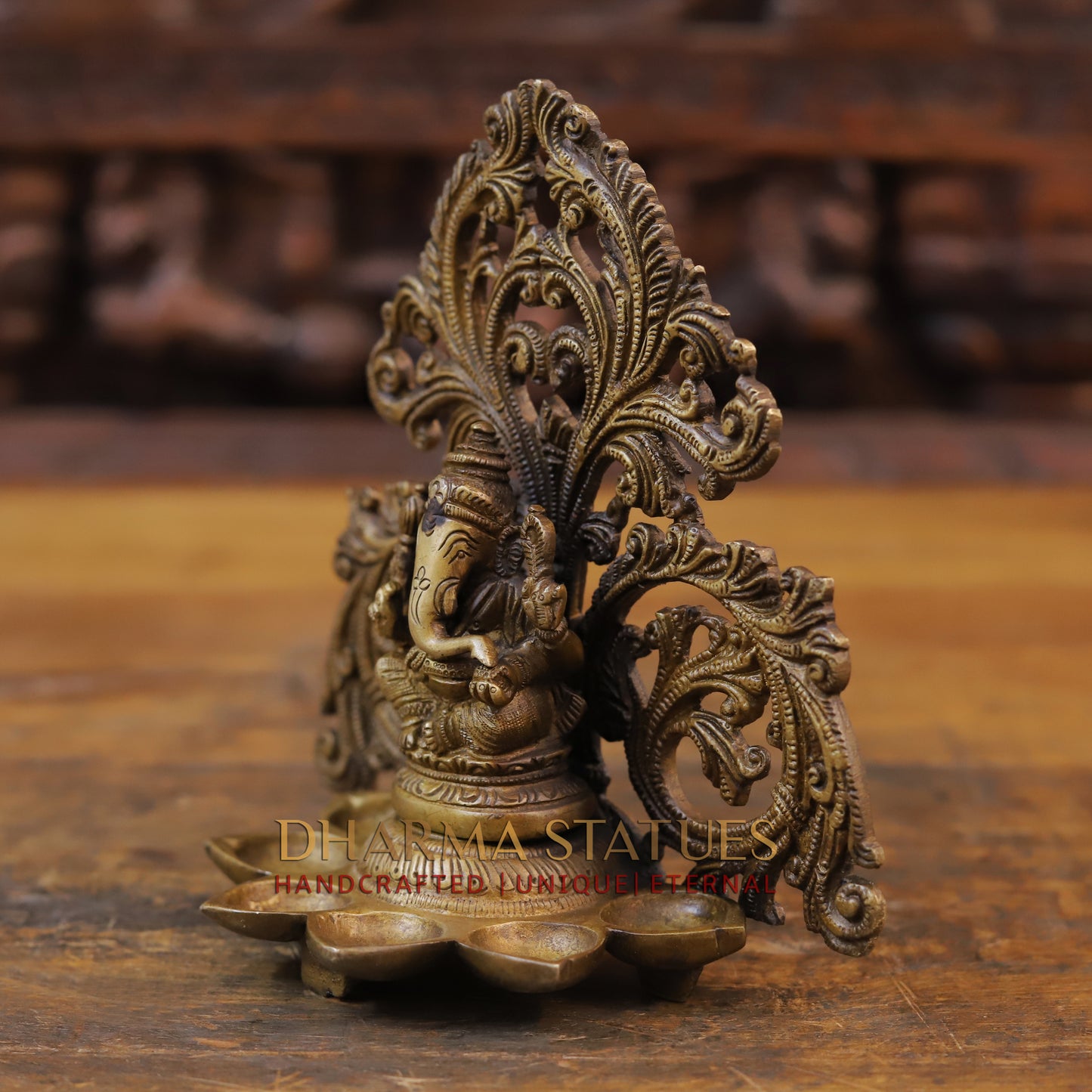 Brass Blessing Ganesh Diya, Fine Golden Finish 7"