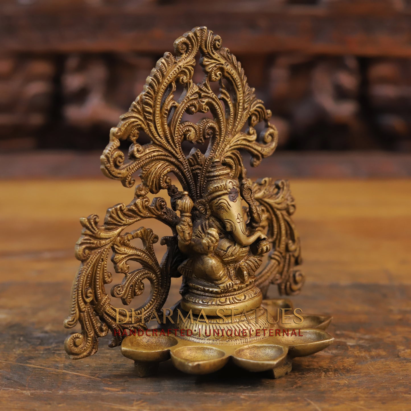 Brass Blessing Ganesh Diya, Fine Golden Finish 7"