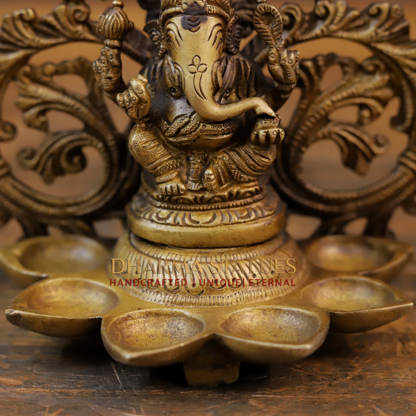 Brass Blessing Ganesh Diya, Fine Golden Finish 7"