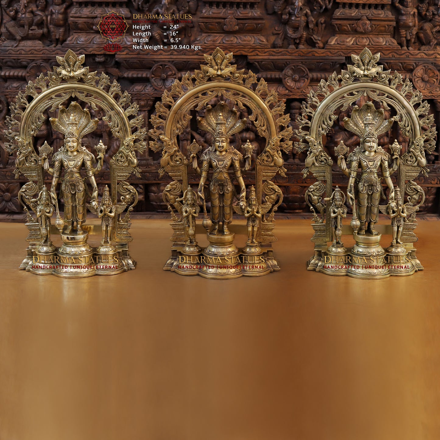 Brass Vishnu in Frame with Garuda and hanuman, Fine Golden Finish, 24"