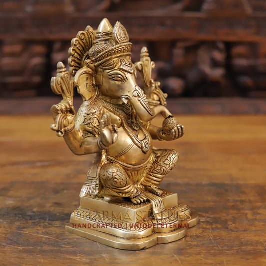 Brass Ganesh Statue, Seated, Fine Golden Finish 8"