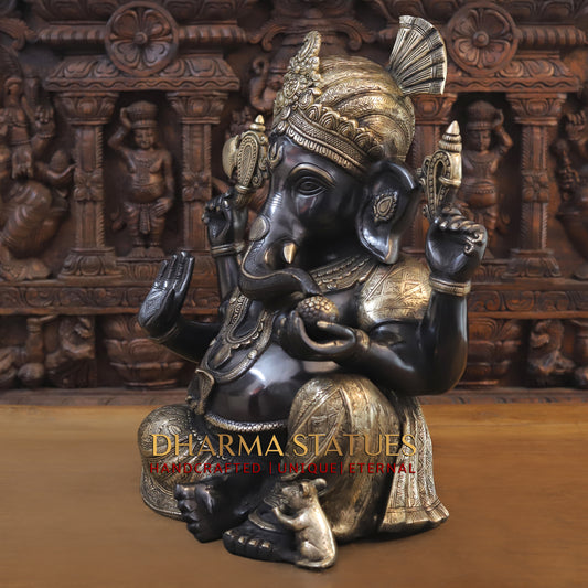Brass Ganesh seated in Blessing Posture, Black Patina & Golden Finish, 20"