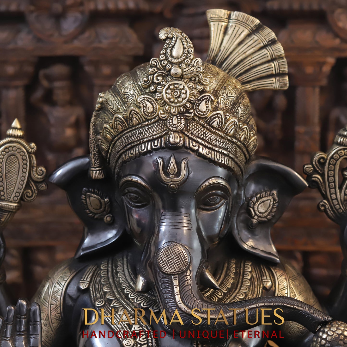 Brass Ganesh seated in Blessing Posture, Black Patina & Golden Finish, 20"
