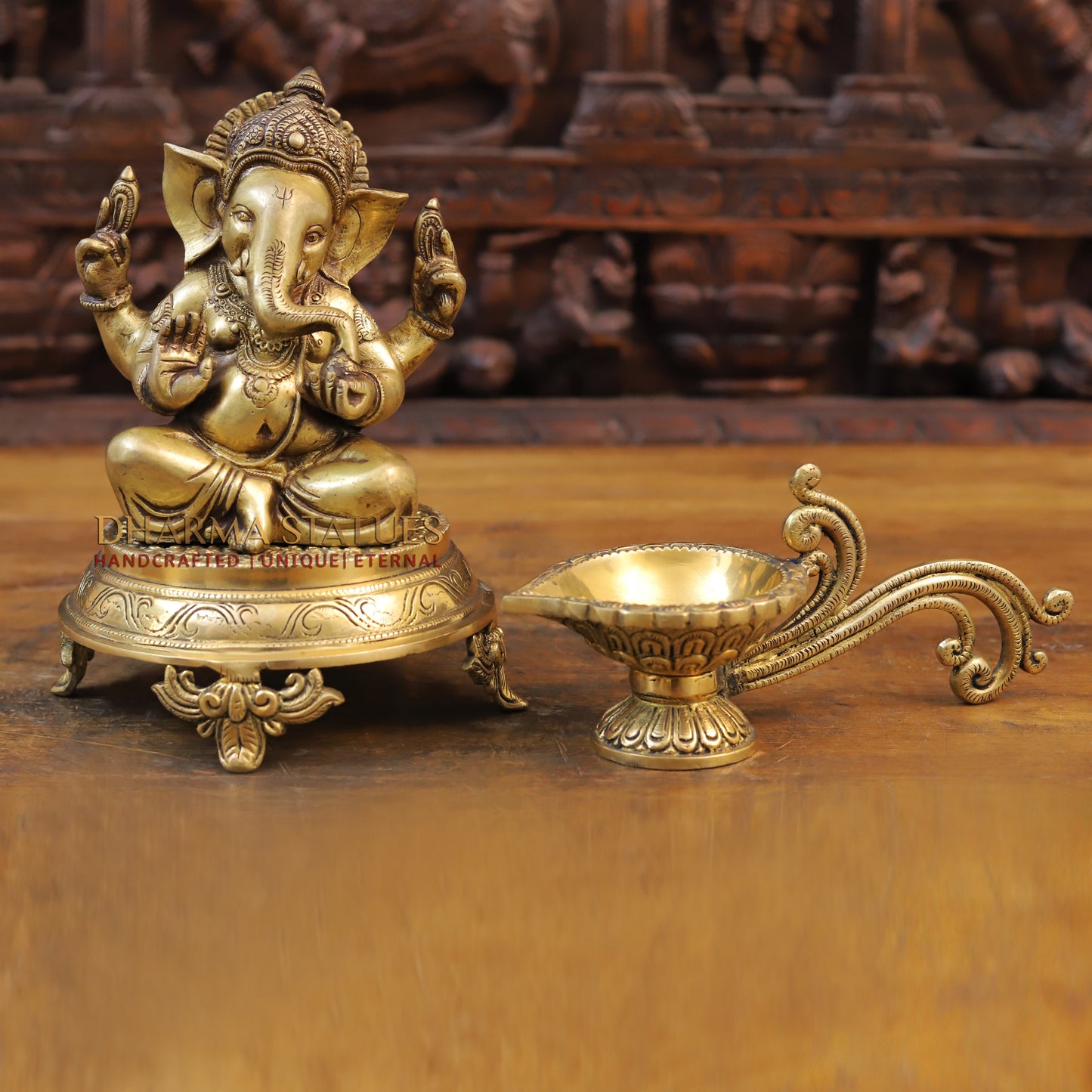 Brass Ganesha Idol, Seated Posture, Fine Golden Finish 7"