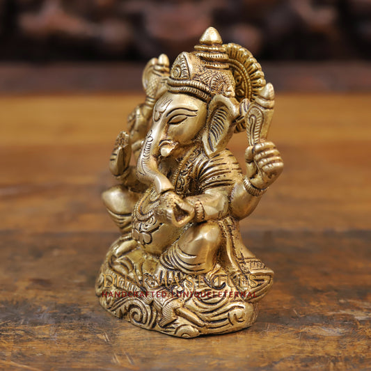 Brass Ganesh Statue, Fine Golden Finish 5"