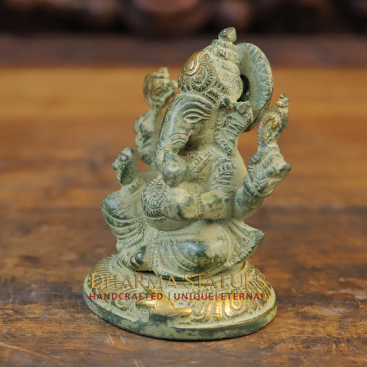 Brass Ganesh Statue, Seated on a Lotus, Green patina Finish 5"