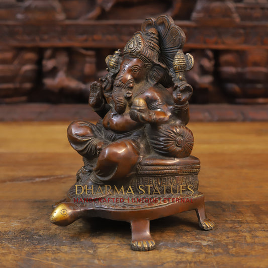 Brass Ganesh Statue, Seated on a tortoise, Copper finish 9"
