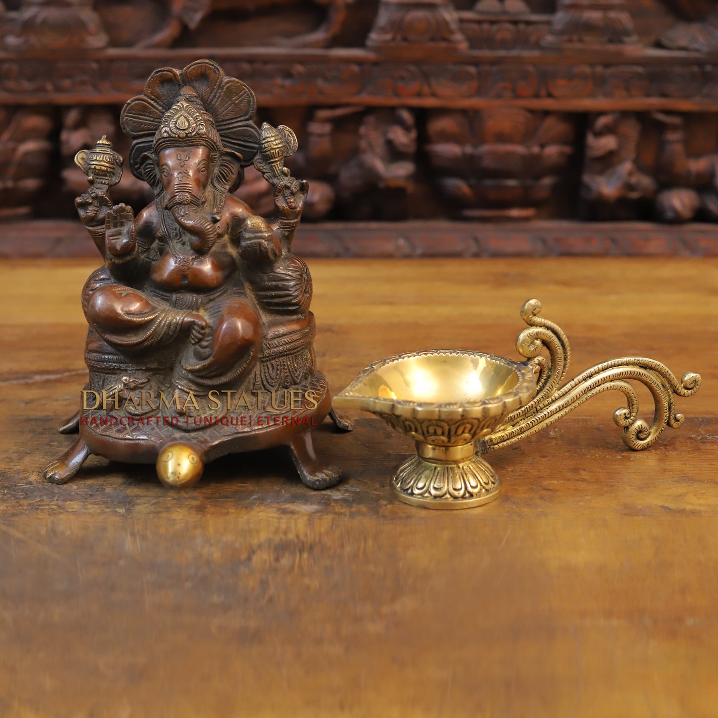 Brass Ganesh Statue, Seated on a tortoise, Copper finish 9"