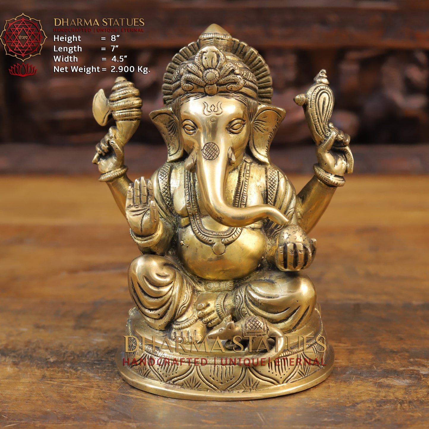 Brass Ganesh Statue, Seated on a Lotus, Fine Golden Finish 8"