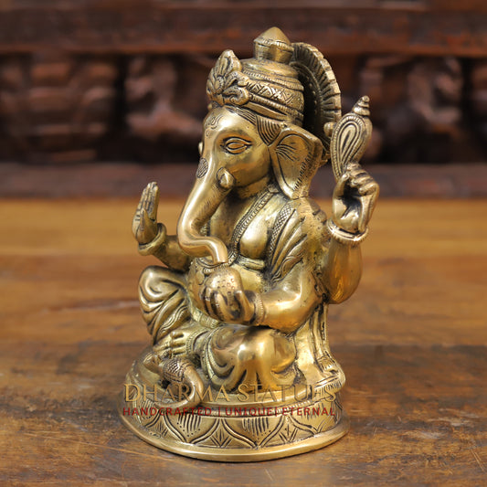 Brass Ganesh Statue, Seated on a Lotus, Fine Golden Finish 8"