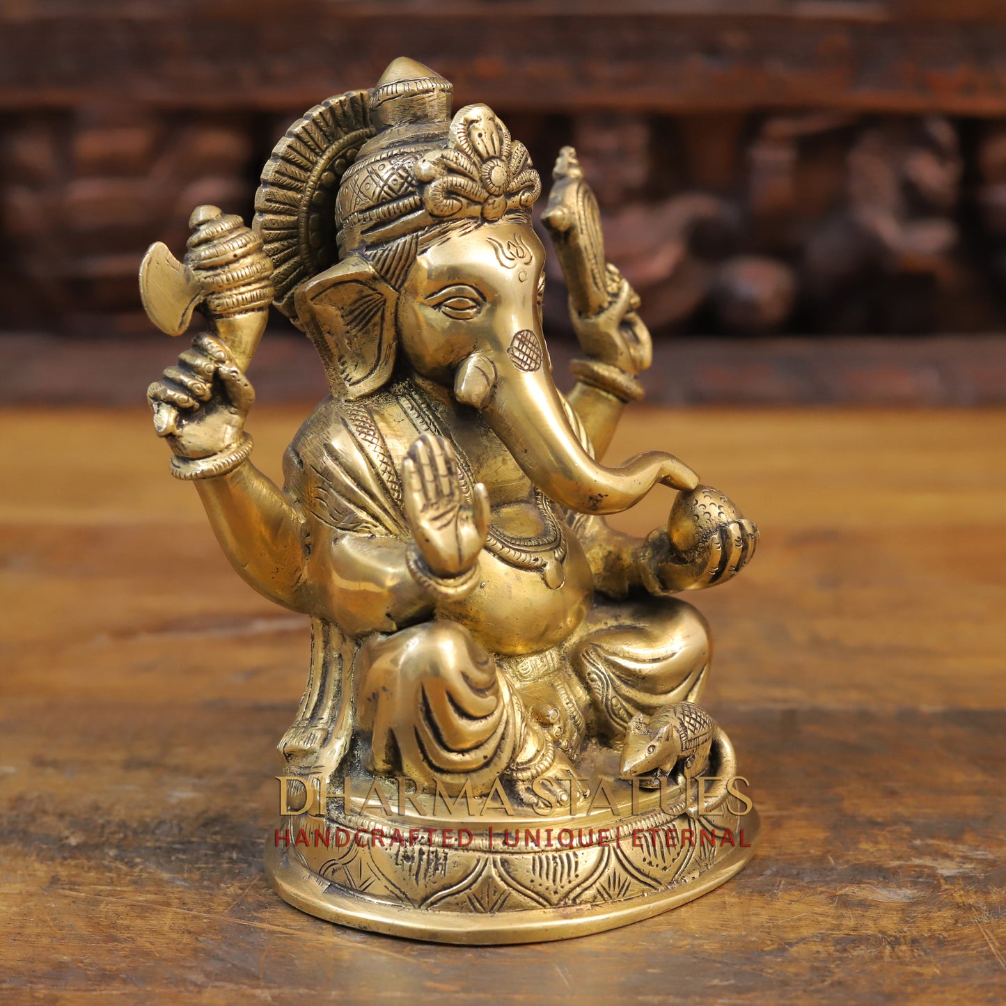 Brass Ganesh Statue, Seated on a Lotus, Fine Golden Finish 8"