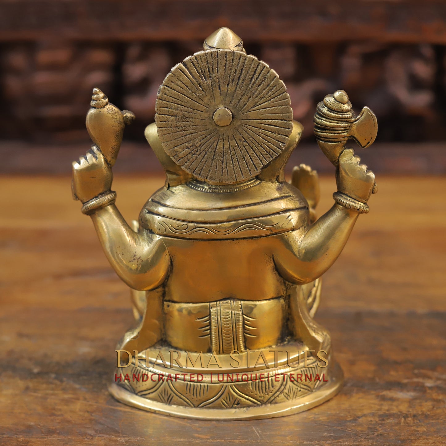 Brass Ganesh Statue, Seated on a Lotus, Fine Golden Finish 8"