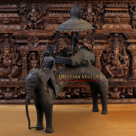 Brass Elephant with Mahout, Black Patina Finish, 32"