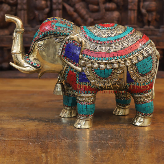 Brass Stone Carved Elephant, Golden Finish, 12"