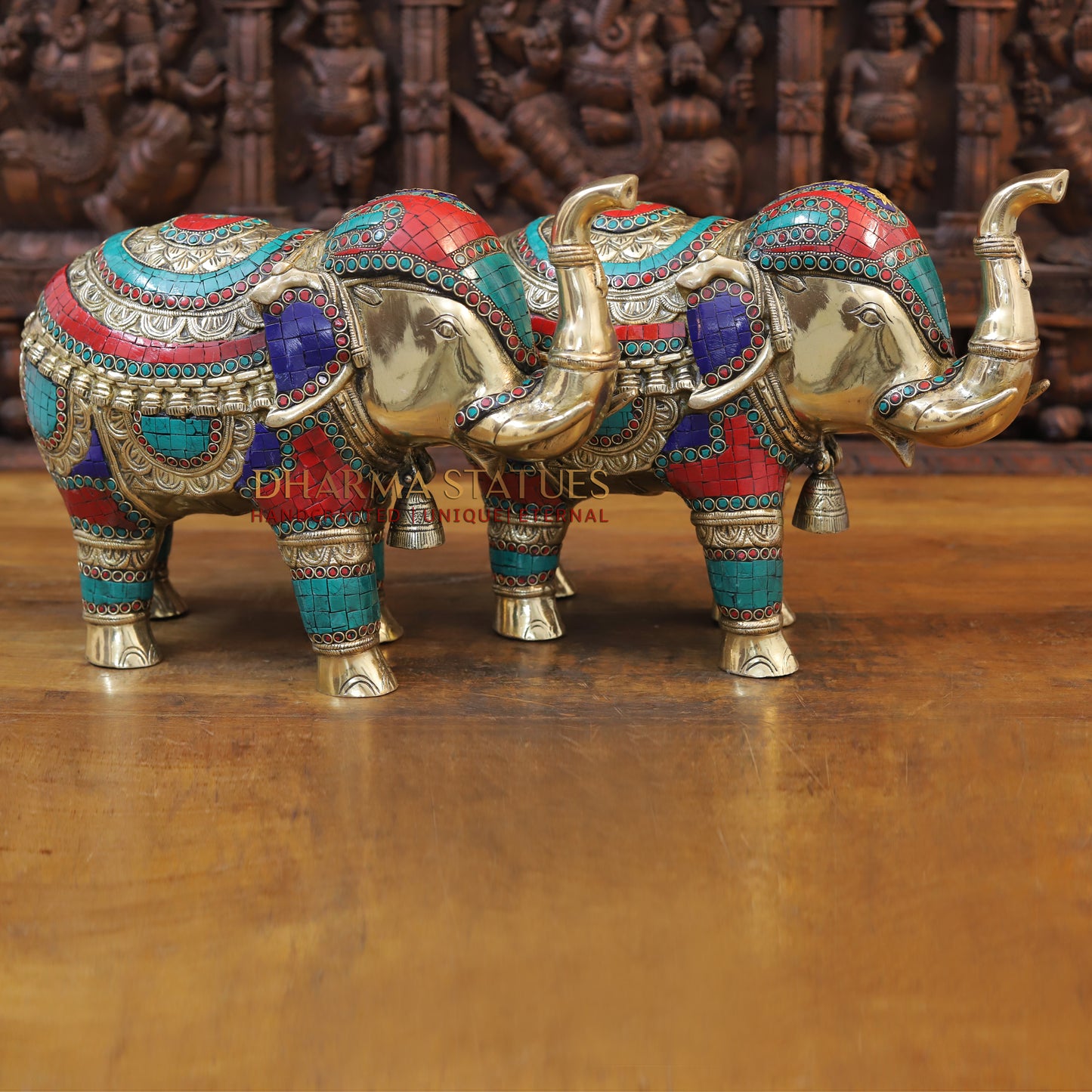 Brass Stone Carved Elephant, Golden Finish, 12"