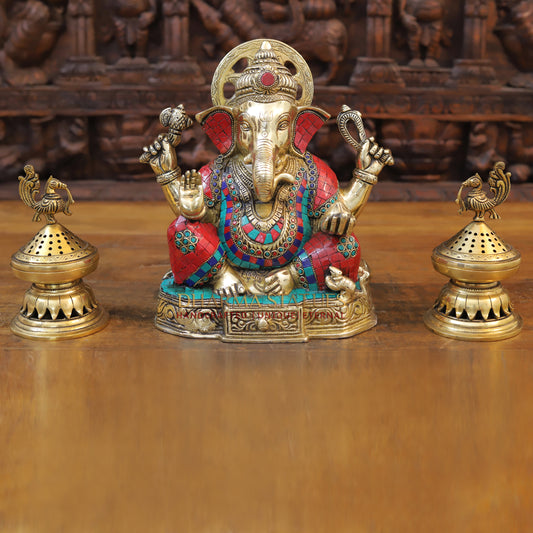 Brass Ganesh Statue with Stone Work, Golden Finish, 11"