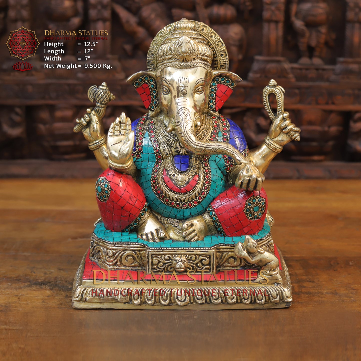 Brass Ganesh seated with rat in square base, Stonework, 12.5”