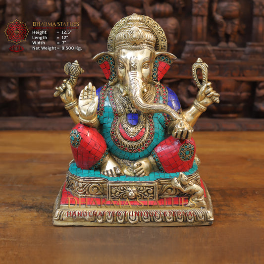 Brass Ganesh seated with rat in square base, Stonework, 12.5”