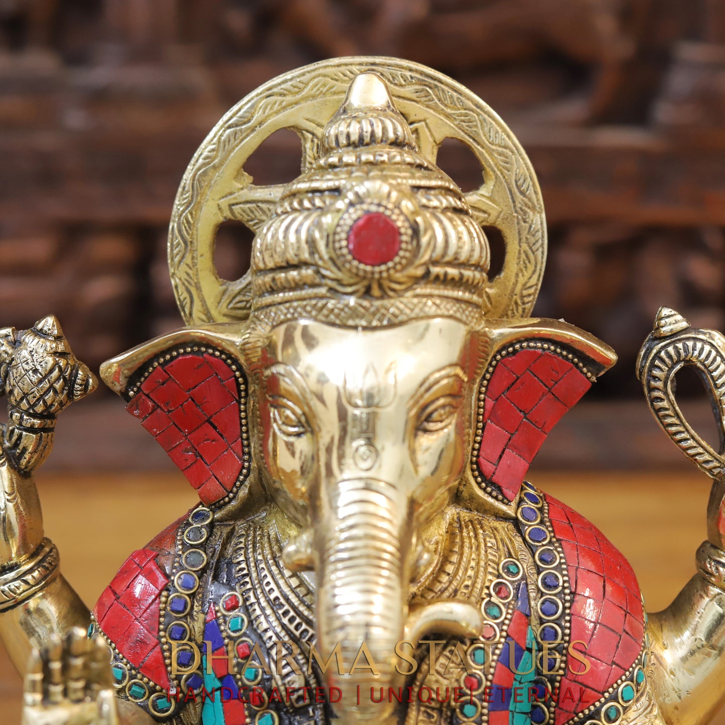 Brass Ganesh Statue with Stone Work, Golden Finish, 11"