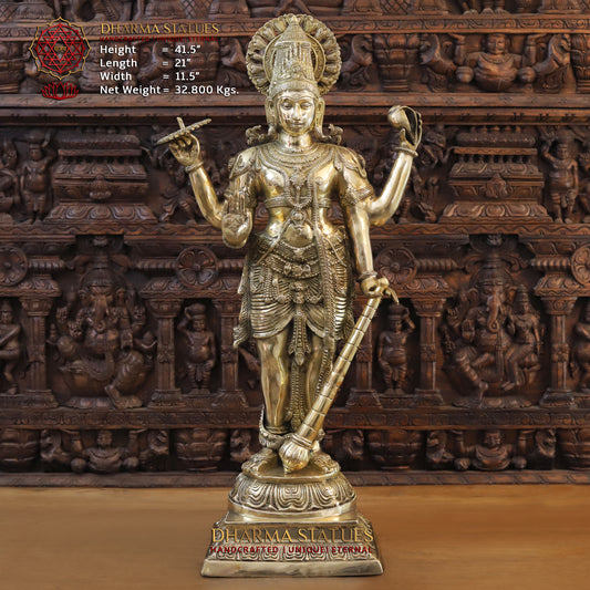 Brass Vishnu standing on Pedestrial, Golden Finish, 41.5"