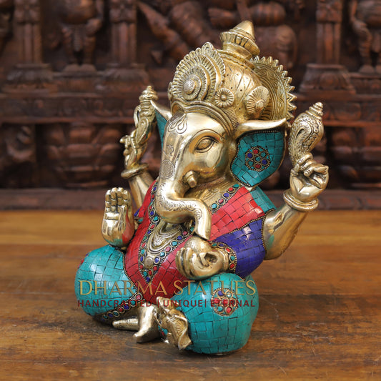 Brass Ganesh seated With Crown, Stone work 12”