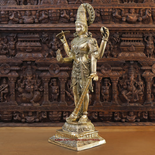 Brass Vishnu standing on Pedestrial, Golden Finish, 41.5"