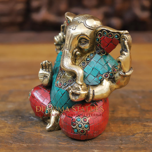 Brass Ganesh seated with tilted neck, Stone work, 5.5”