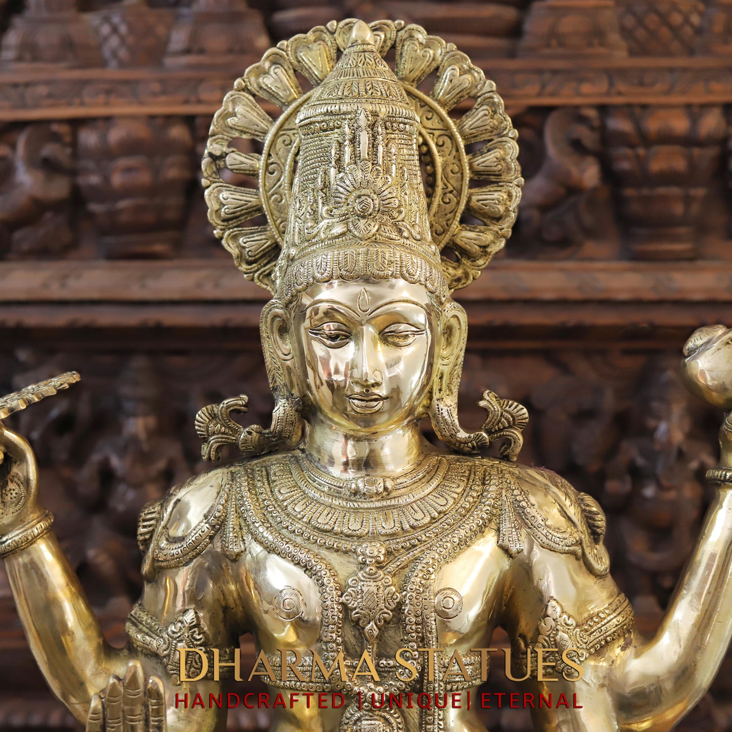 Brass Vishnu standing on Pedestrial, Golden Finish, 41.5"
