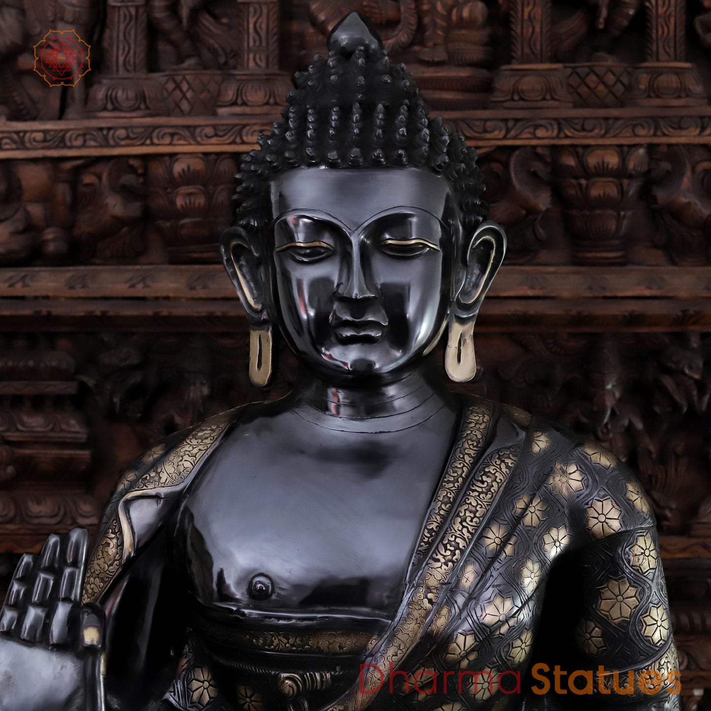 Brass Buddha Statue, Seated, Floral Black Patina Finish 46"