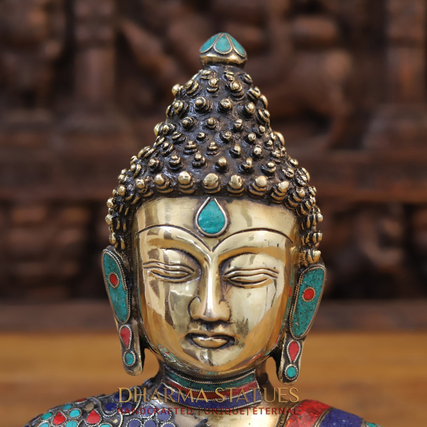 Brass Buddha Head Statue, Fine Golden and Stone work 10"