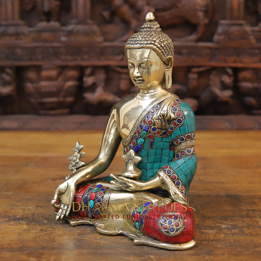 Brass Medicine Buddha Statue, Fine Golden and Stone work 10.5"